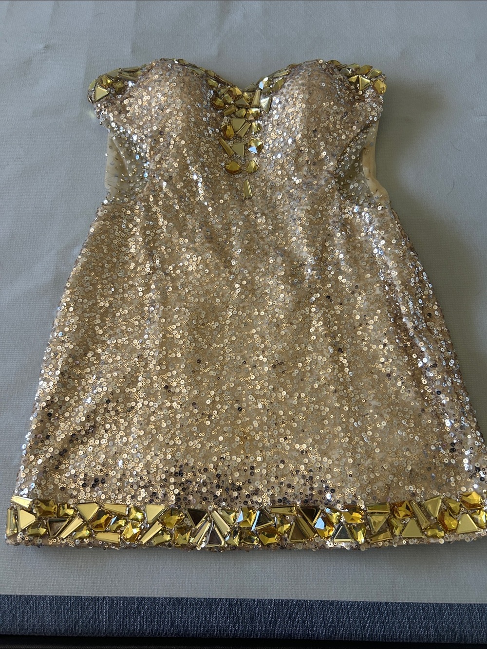 Strapless Sequin Mini Dress with Gold Gem Trim
